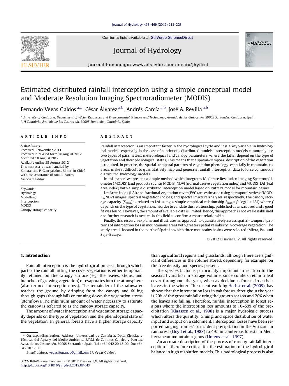 Estimated distributed rainfall interception using a simple conceptual model and Moderate Resolution Imaging Spectroradiometer (MODIS)