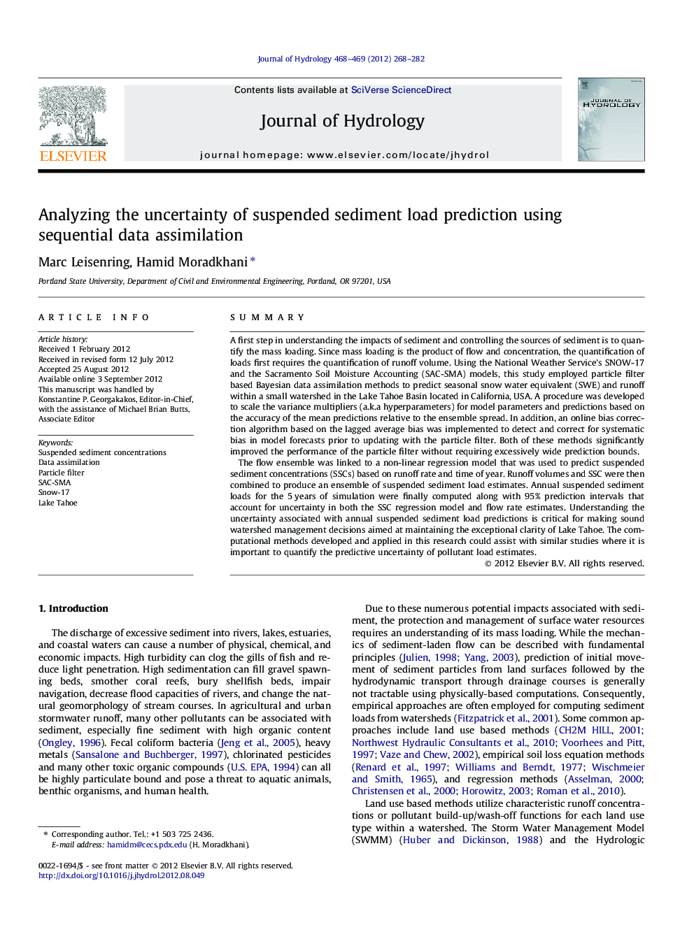 Analyzing the uncertainty of suspended sediment load prediction using sequential data assimilation