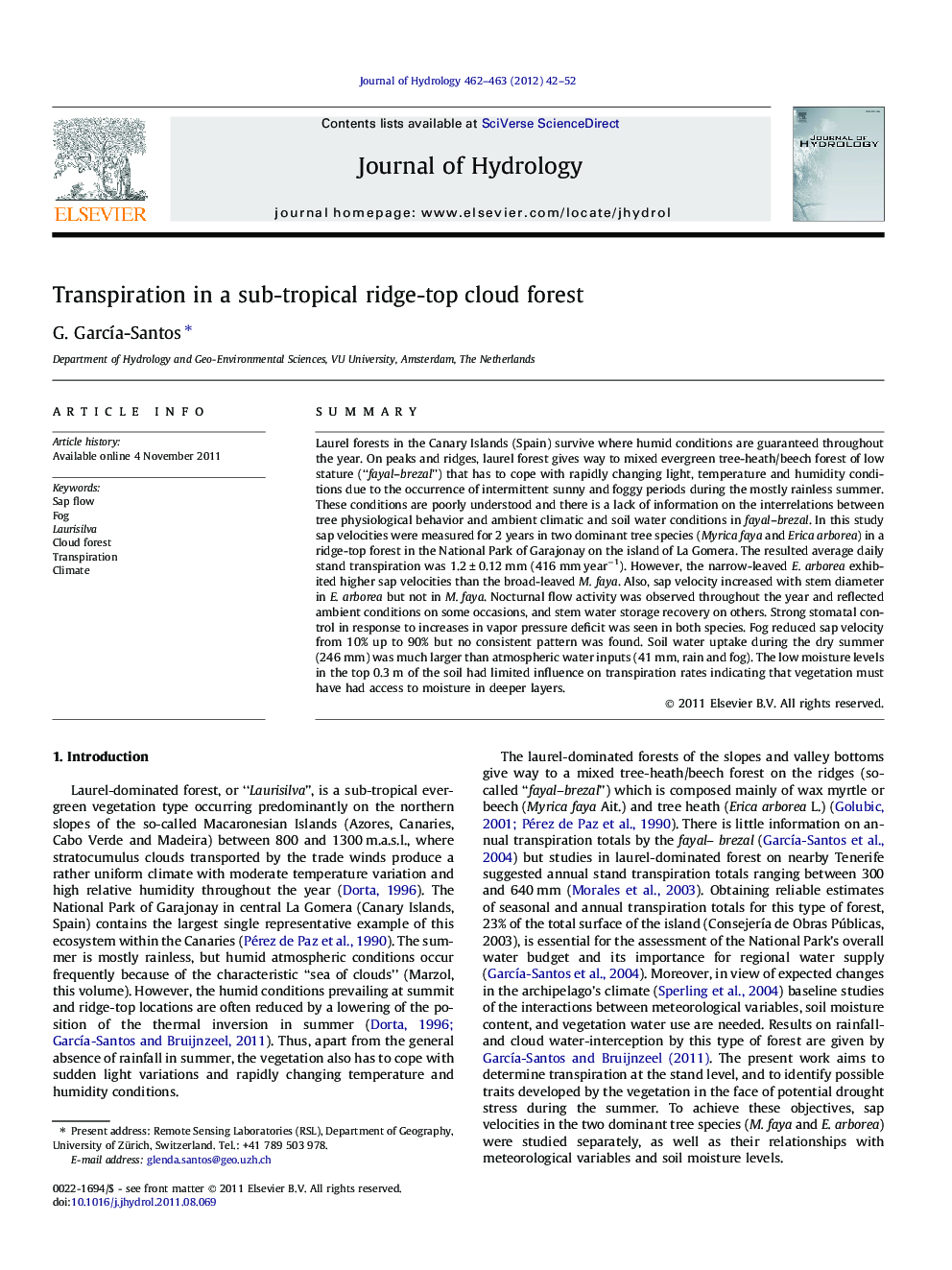 Transpiration in a sub-tropical ridge-top cloud forest