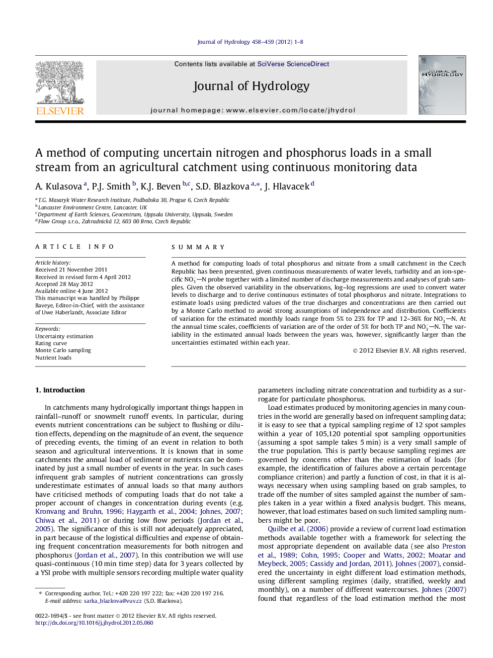 A method of computing uncertain nitrogen and phosphorus loads in a small stream from an agricultural catchment using continuous monitoring data