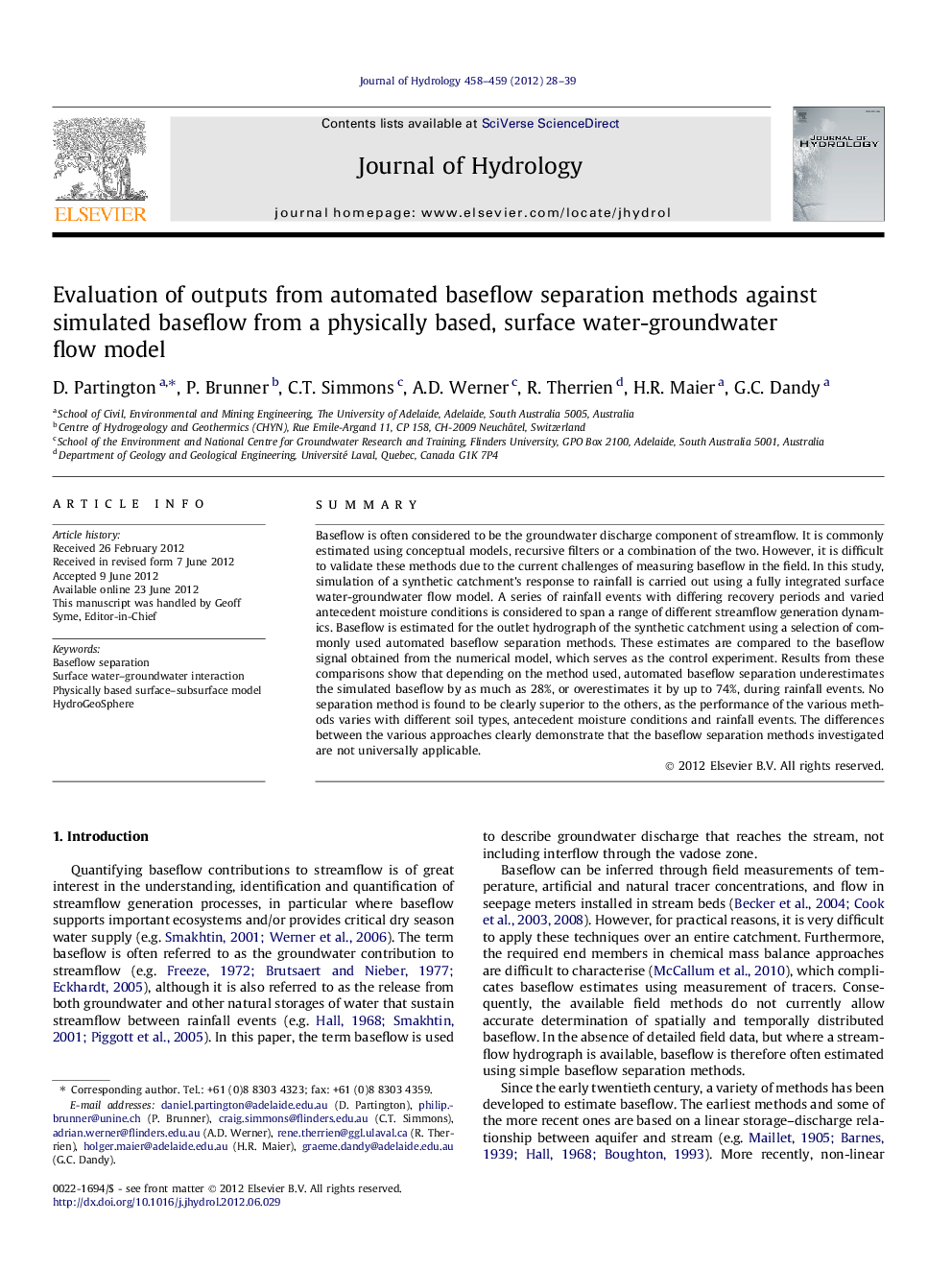 Evaluation of outputs from automated baseflow separation methods against simulated baseflow from a physically based, surface water-groundwater flow model