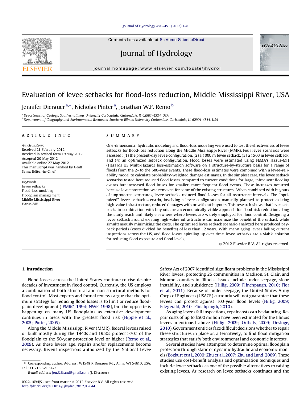 Evaluation of levee setbacks for flood-loss reduction, Middle Mississippi River, USA