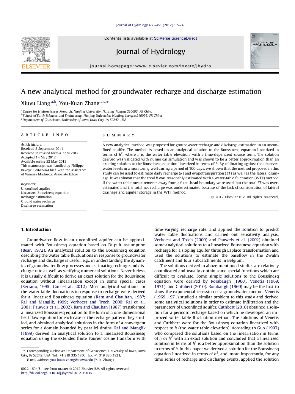 A new analytical method for groundwater recharge and discharge estimation