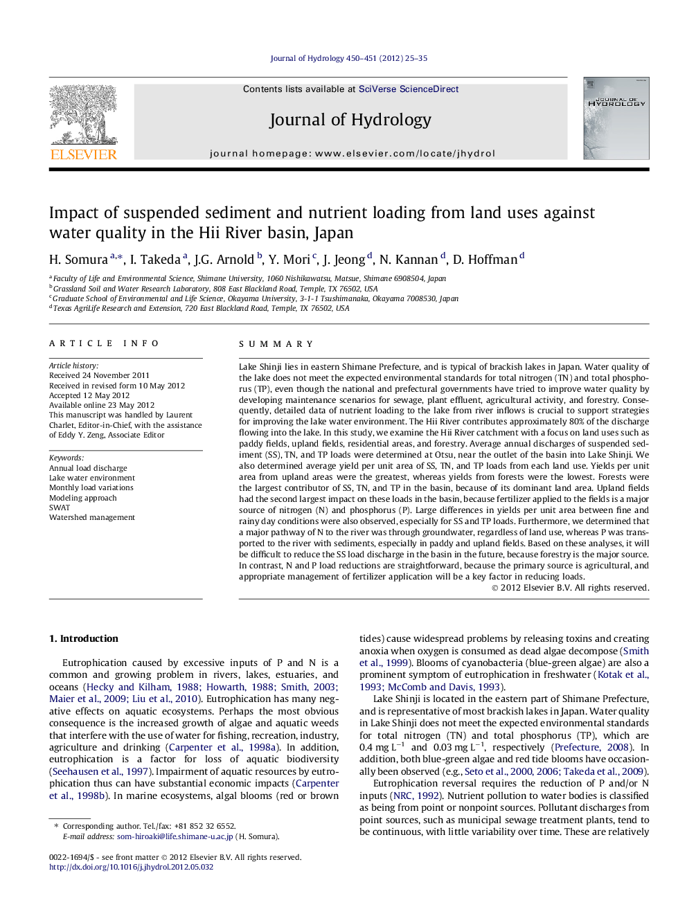 Impact of suspended sediment and nutrient loading from land uses against water quality in the Hii River basin, Japan