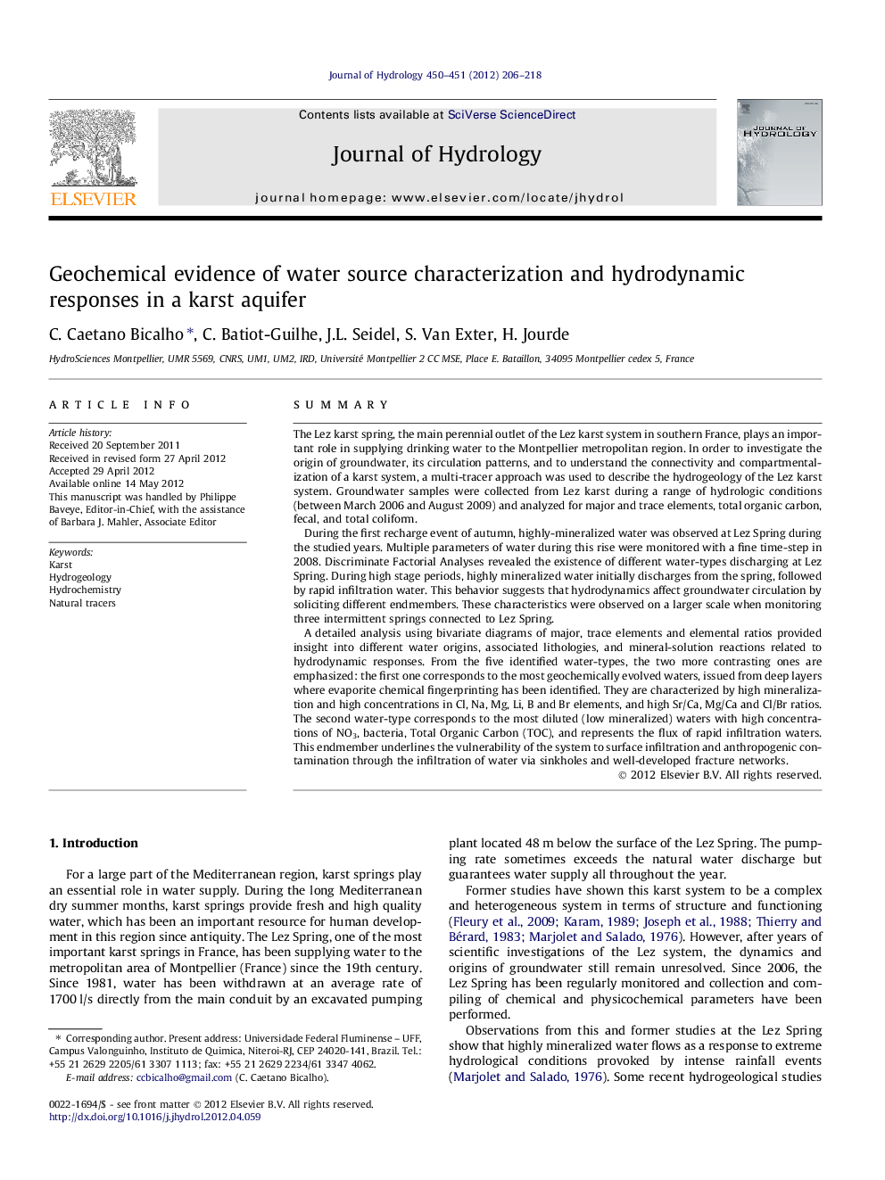 Geochemical evidence of water source characterization and hydrodynamic responses in a karst aquifer