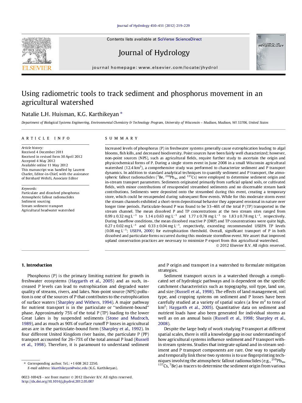 Using radiometric tools to track sediment and phosphorus movement in an agricultural watershed