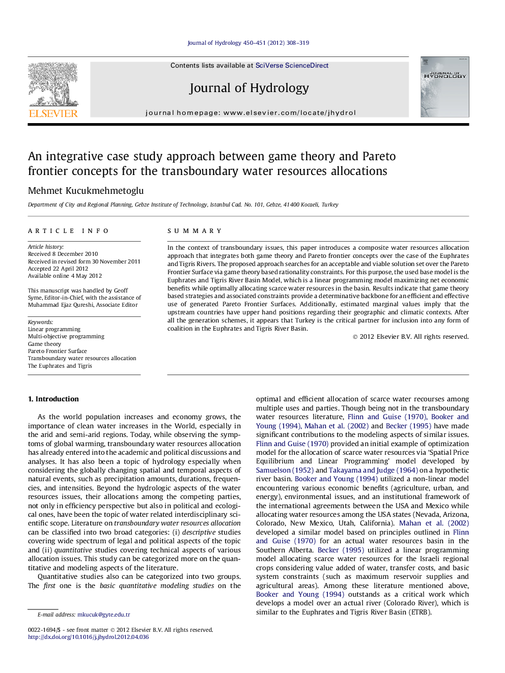 An integrative case study approach between game theory and Pareto frontier concepts for the transboundary water resources allocations