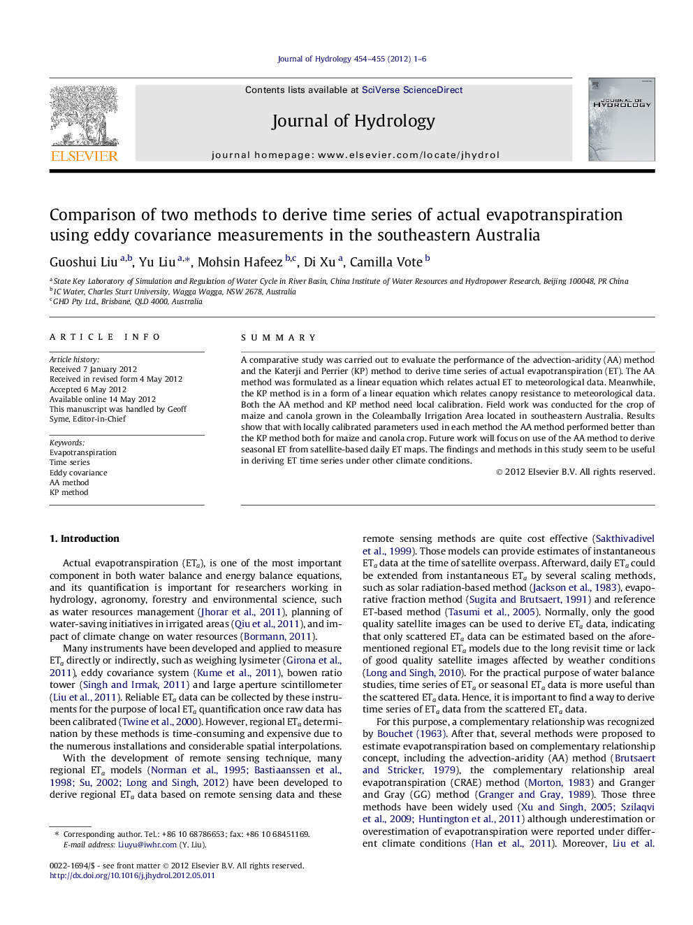 Comparison of two methods to derive time series of actual evapotranspiration using eddy covariance measurements in the southeastern Australia