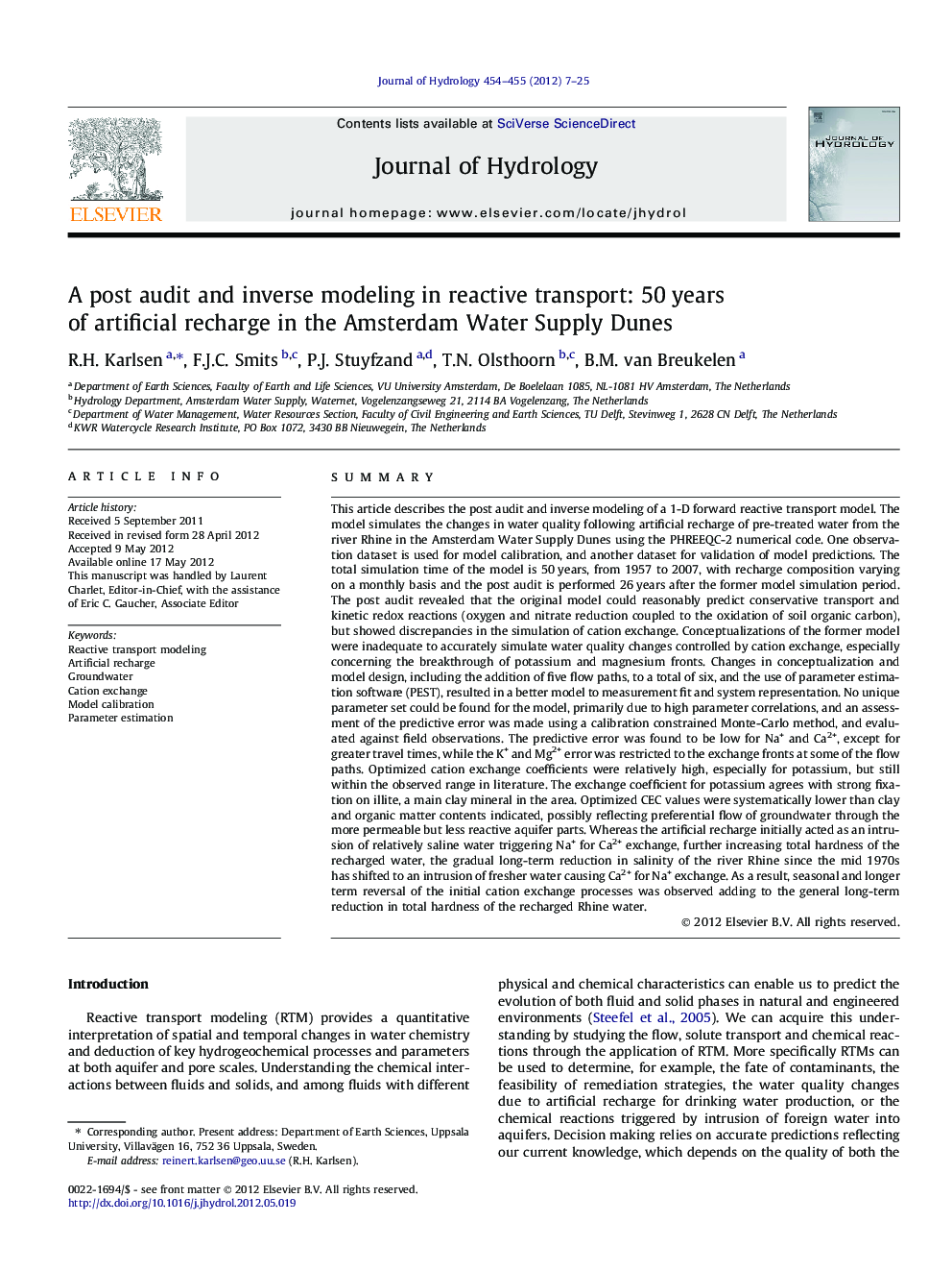 A post audit and inverse modeling in reactive transport: 50 years of artificial recharge in the Amsterdam Water Supply Dunes