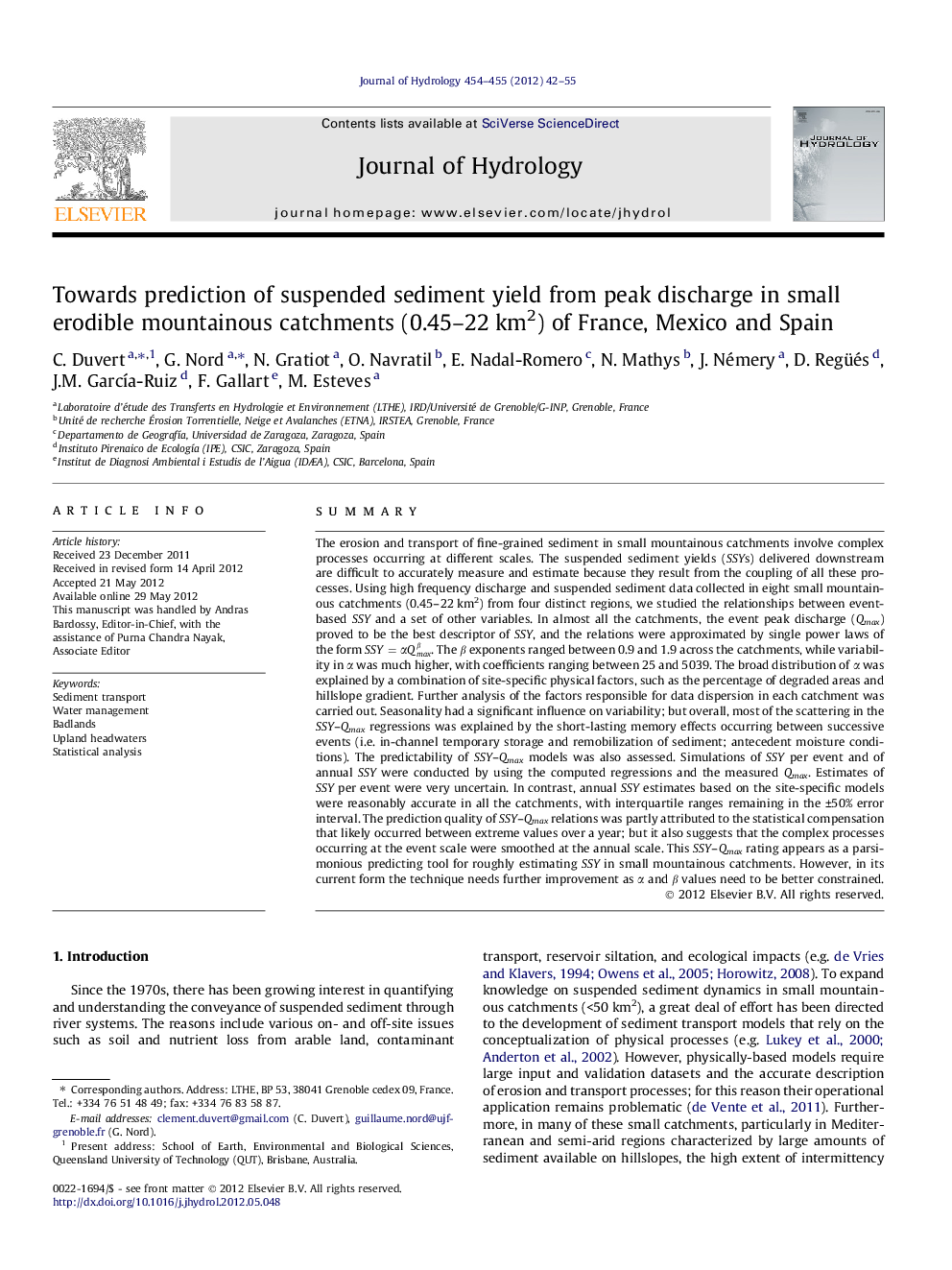 Towards prediction of suspended sediment yield from peak discharge in small erodible mountainous catchments (0.45–22 km2) of France, Mexico and Spain