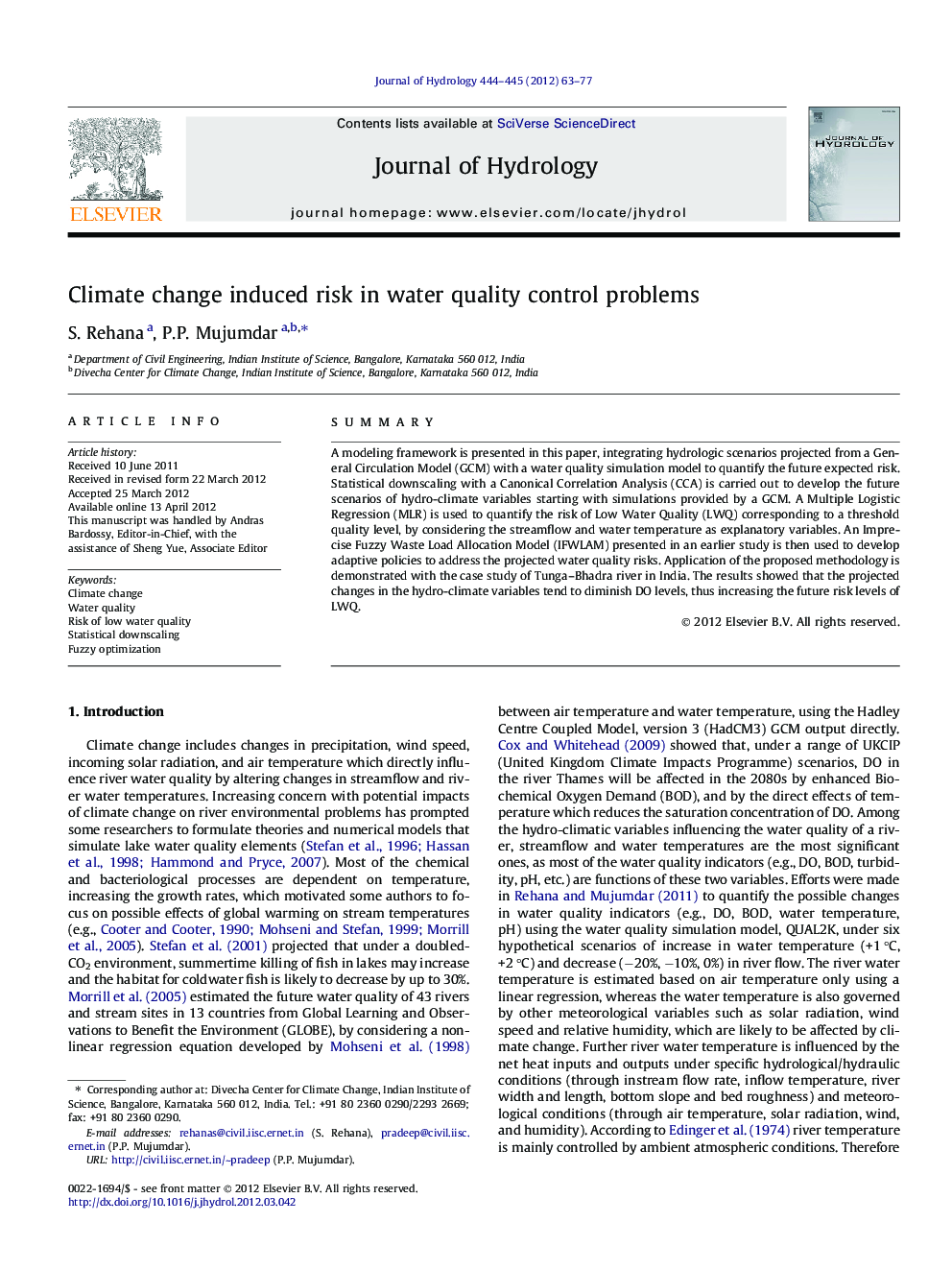 Climate change induced risk in water quality control problems