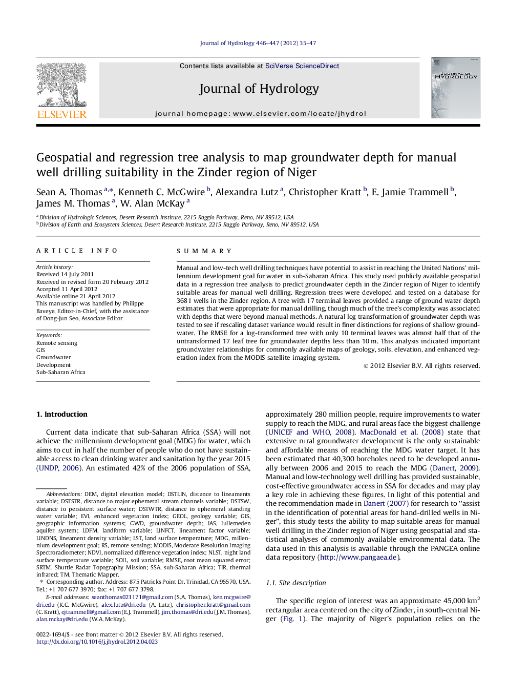 Geospatial and regression tree analysis to map groundwater depth for manual well drilling suitability in the Zinder region of Niger