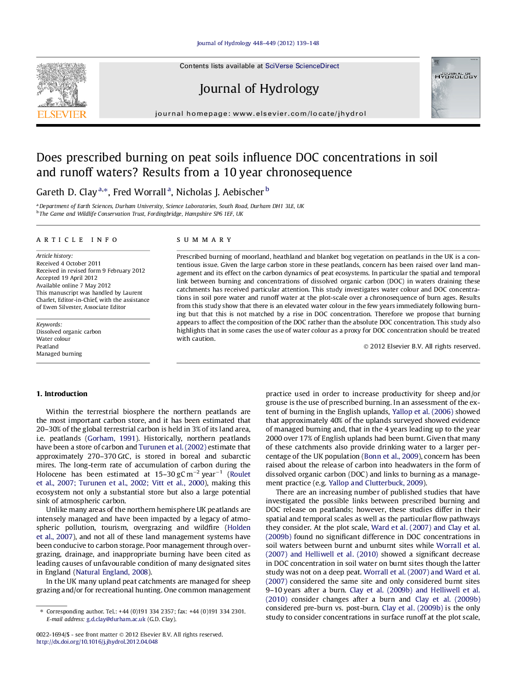 Does prescribed burning on peat soils influence DOC concentrations in soil and runoff waters? Results from a 10 year chronosequence