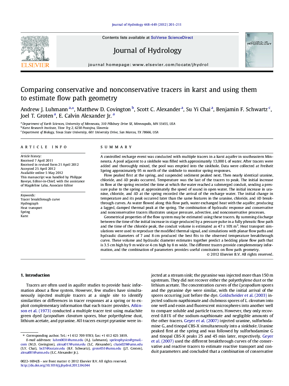 Comparing conservative and nonconservative tracers in karst and using them to estimate flow path geometry