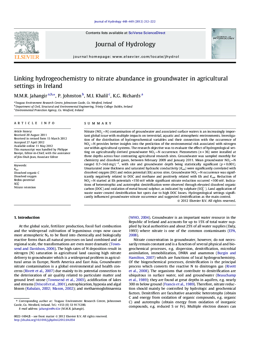 Linking hydrogeochemistry to nitrate abundance in groundwater in agricultural settings in Ireland