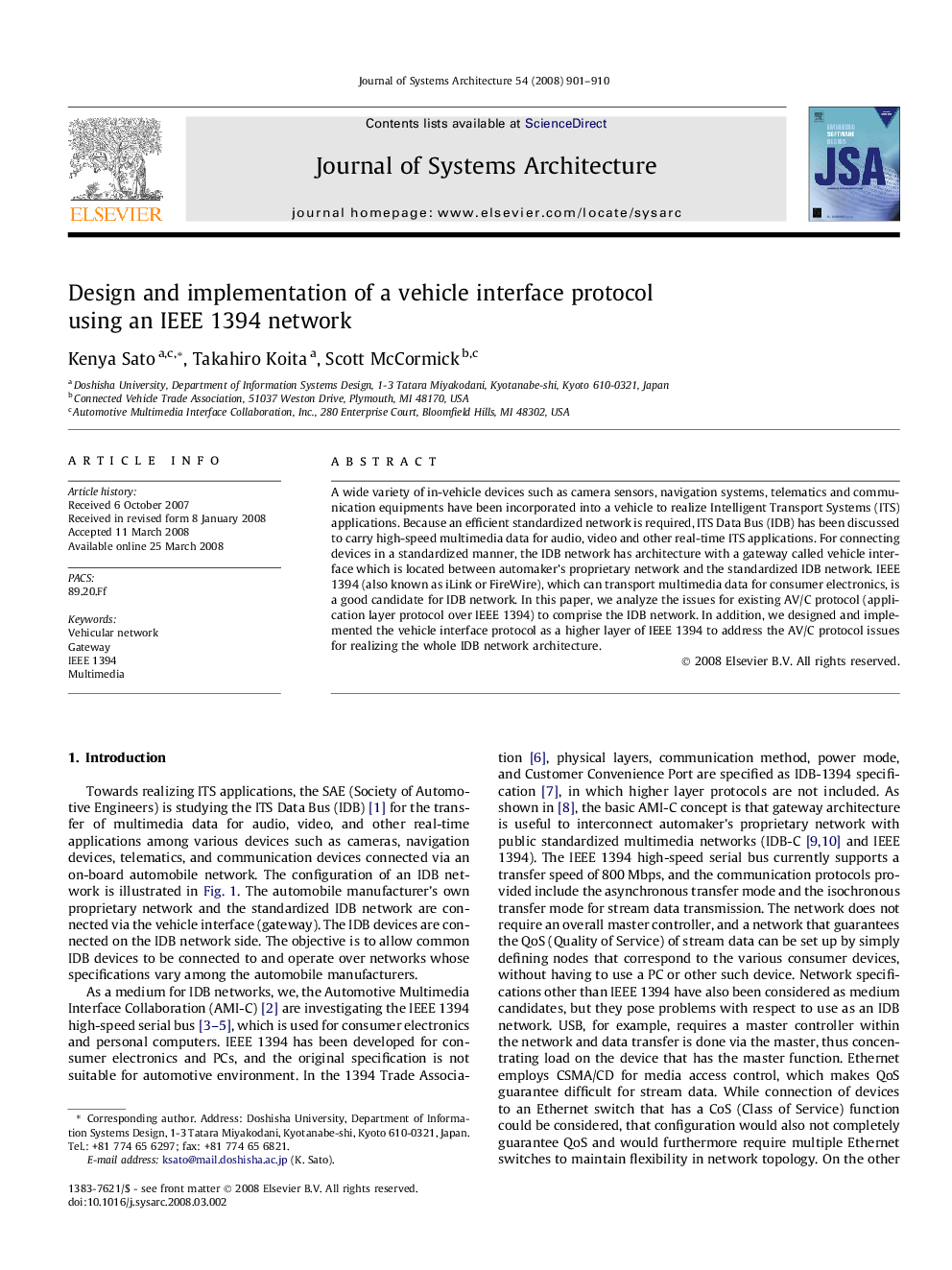عکس صفحه اول مقاله: Design and implementation of a vehicle interface protocol using an IEEE 1394 network Design and implementation of a vehicle interface protocol using an IEEE 1394 network