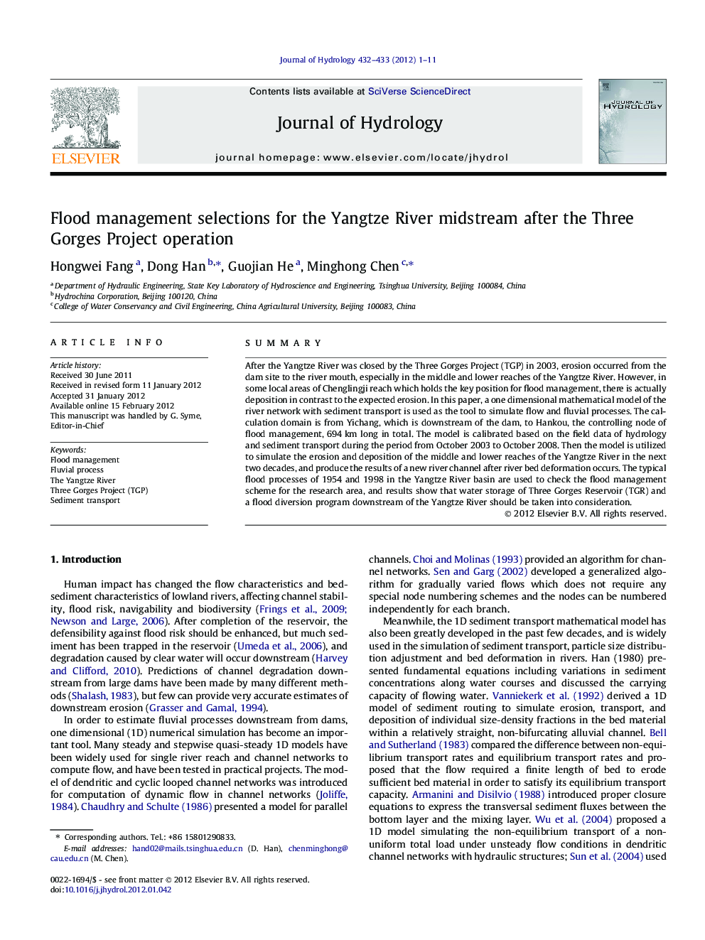 Flood management selections for the Yangtze River midstream after the Three Gorges Project operation