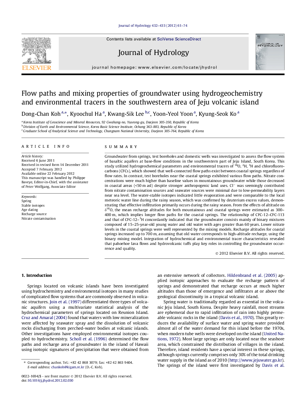 Flow paths and mixing properties of groundwater using hydrogeochemistry and environmental tracers in the southwestern area of Jeju volcanic island