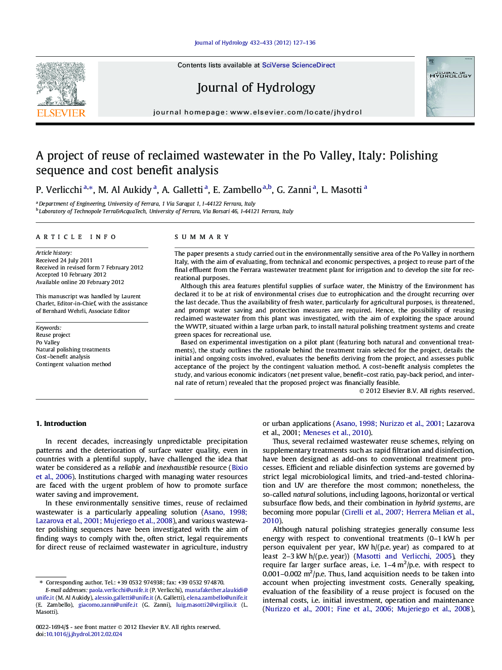 عکس صفحه اول مقاله: A project of reuse of reclaimed wastewater in the Po Valley, Italy: Polishing sequence and cost benefit analysis A project of reuse of reclaimed wastewater in the Po Valley, Italy: Polishing sequence and cost benefit analysis