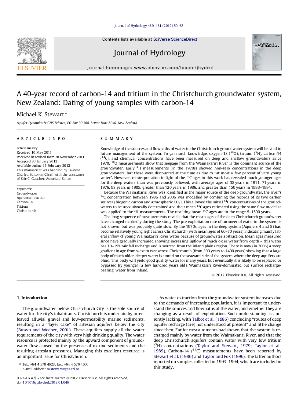 A 40-year record of carbon-14 and tritium in the Christchurch groundwater system, New Zealand: Dating of young samples with carbon-14