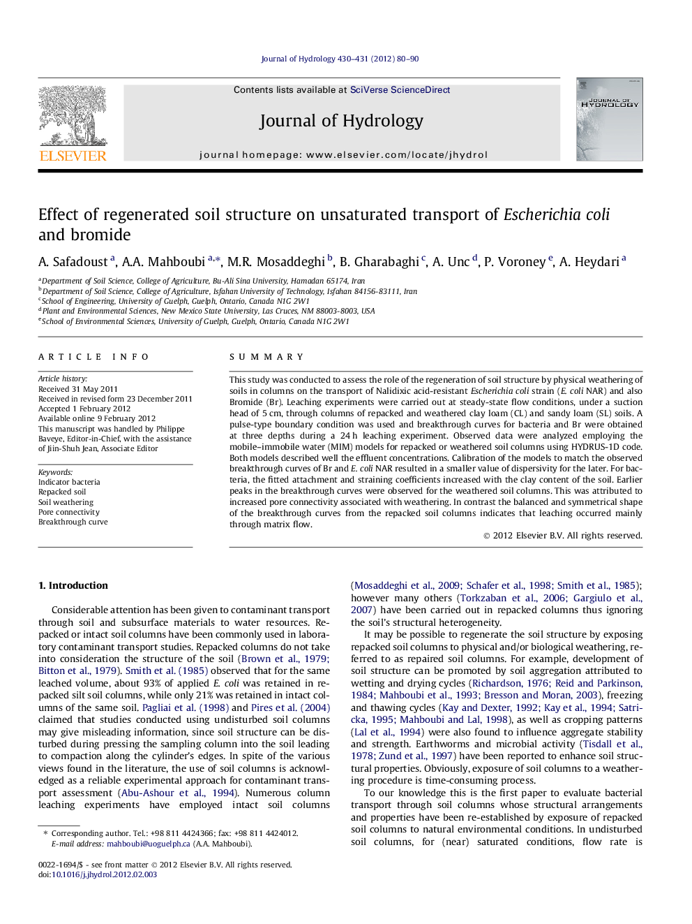 Effect of regenerated soil structure on unsaturated transport of Escherichia coli and bromide