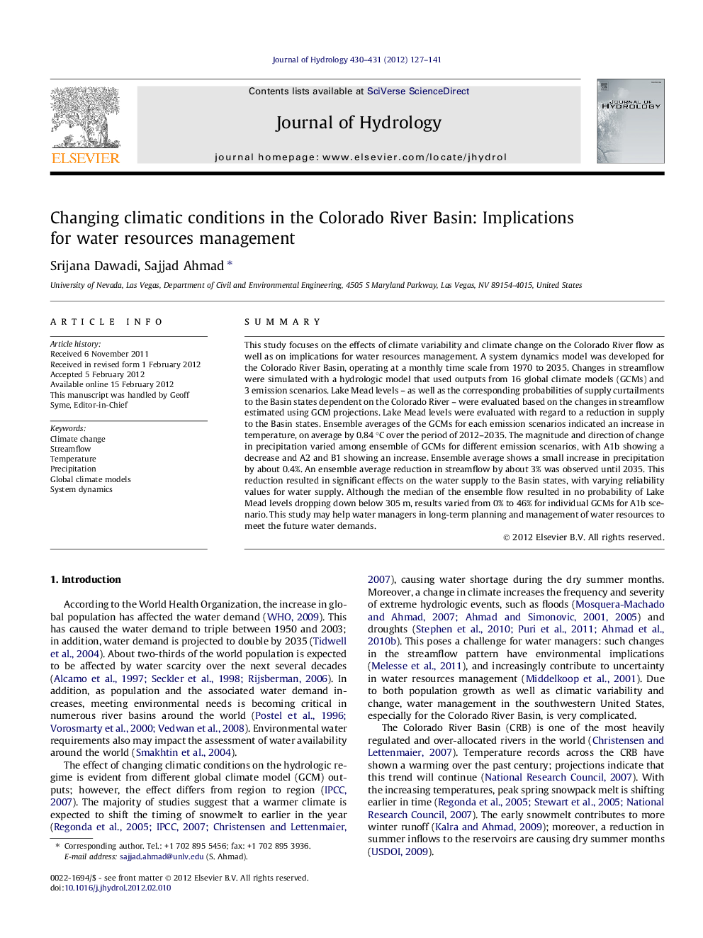 Changing climatic conditions in the Colorado River Basin: Implications for water resources management