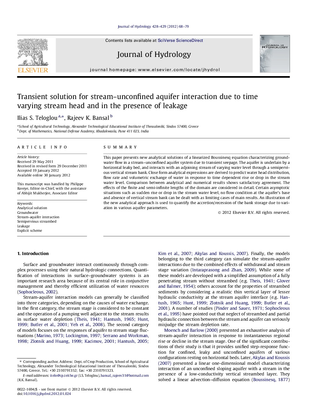 Transient solution for stream–unconfined aquifer interaction due to time varying stream head and in the presence of leakage