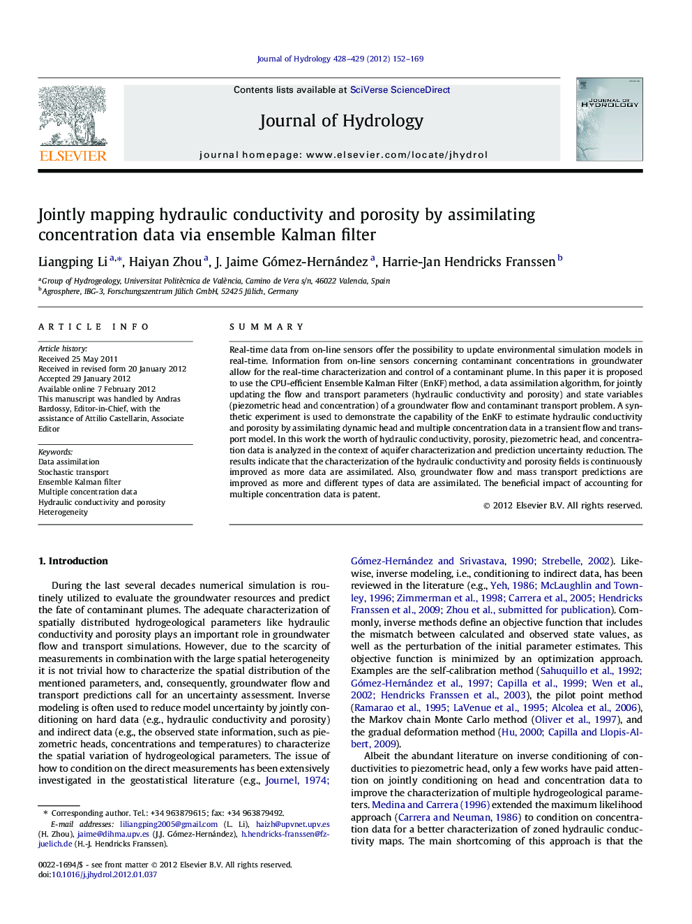 Jointly mapping hydraulic conductivity and porosity by assimilating concentration data via ensemble Kalman filter