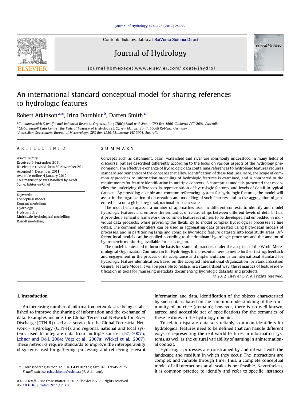 An international standard conceptual model for sharing references to hydrologic features