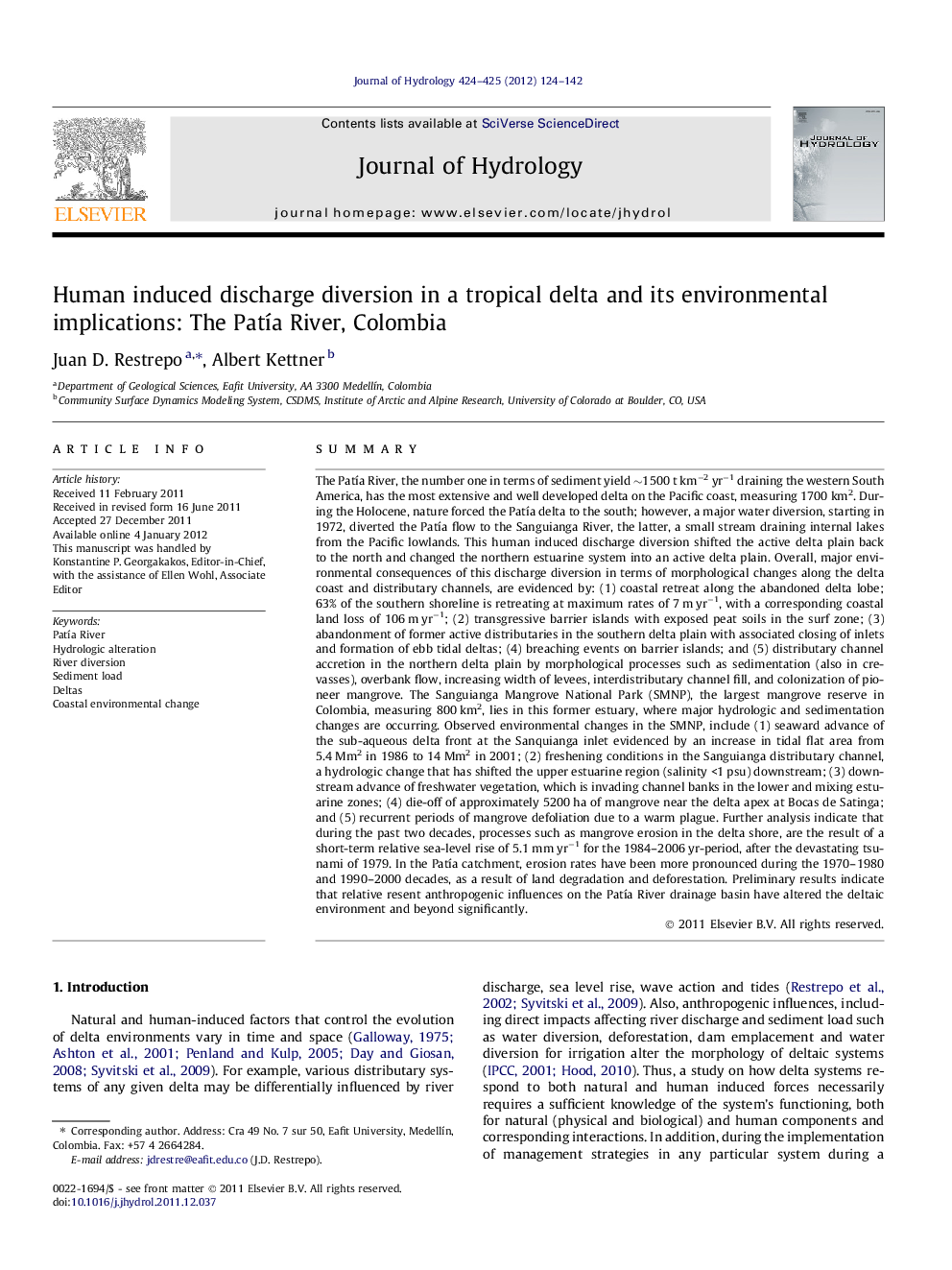 Human induced discharge diversion in a tropical delta and its environmental implications: The Patía River, Colombia