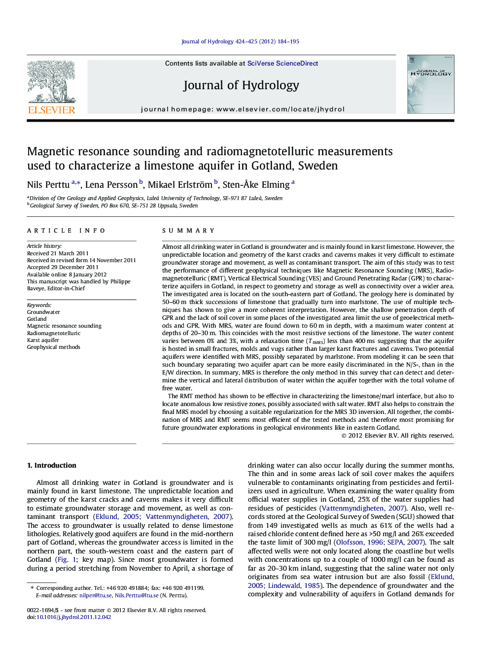 Magnetic resonance sounding and radiomagnetotelluric measurements used to characterize a limestone aquifer in Gotland, Sweden
