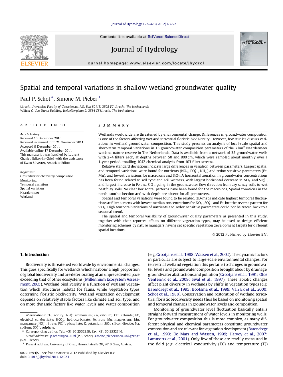 Spatial and temporal variations in shallow wetland groundwater quality