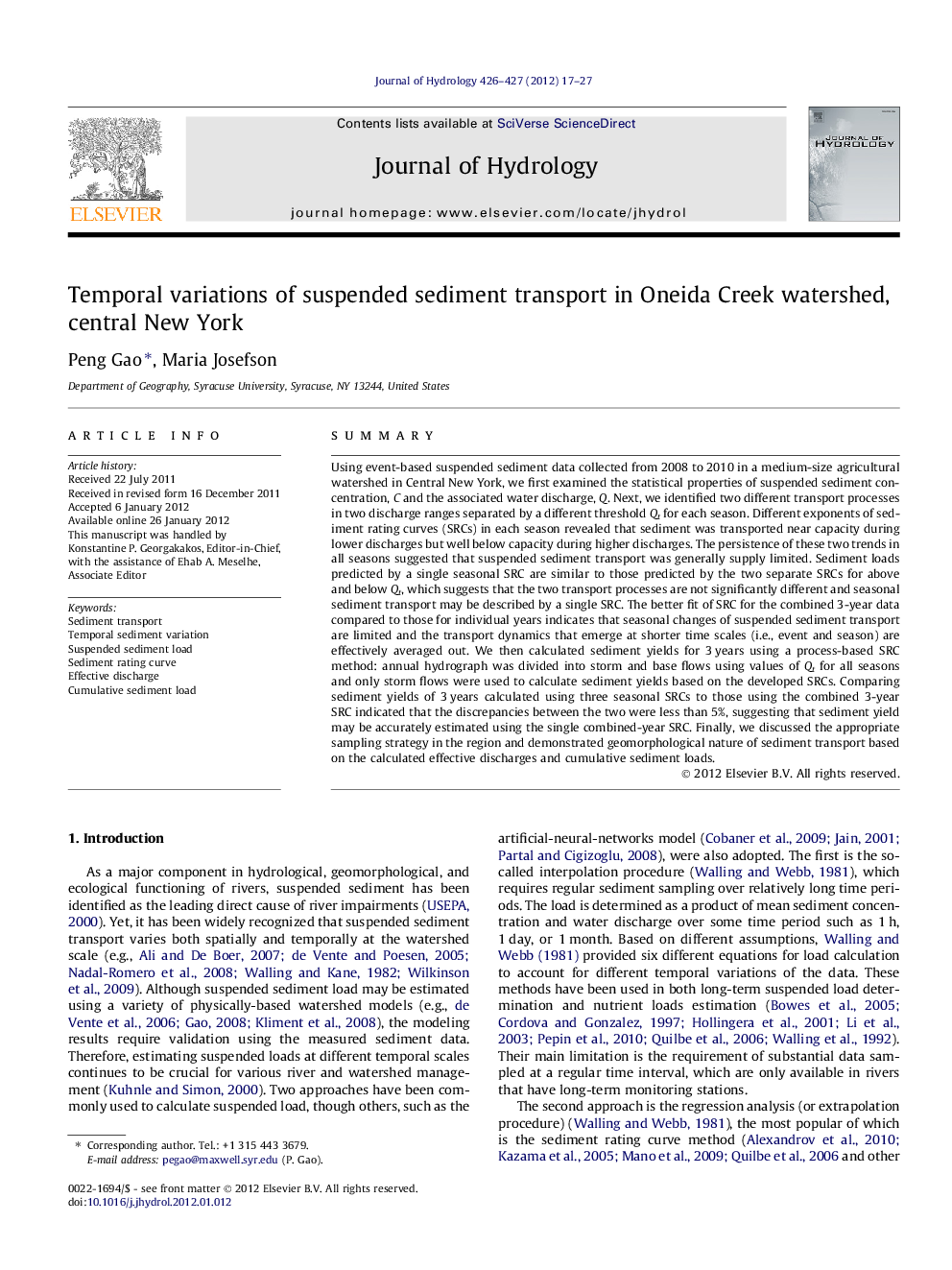 Temporal variations of suspended sediment transport in Oneida Creek watershed, central New York