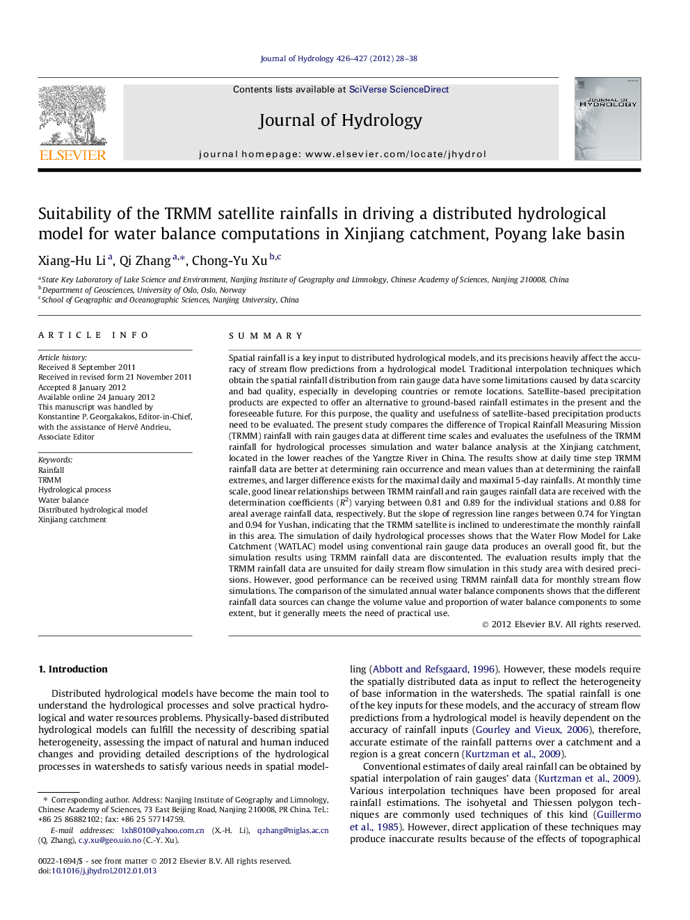 Suitability of the TRMM satellite rainfalls in driving a distributed hydrological model for water balance computations in Xinjiang catchment, Poyang lake basin