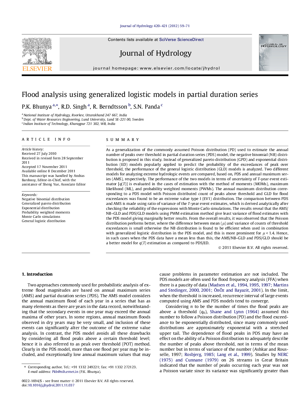 Flood analysis using generalized logistic models in partial duration series