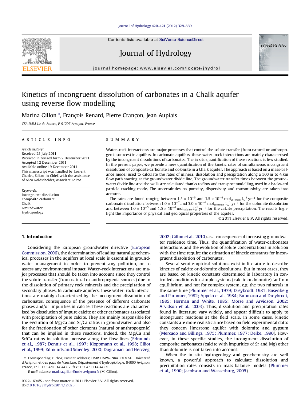 Kinetics of incongruent dissolution of carbonates in a Chalk aquifer using reverse flow modelling