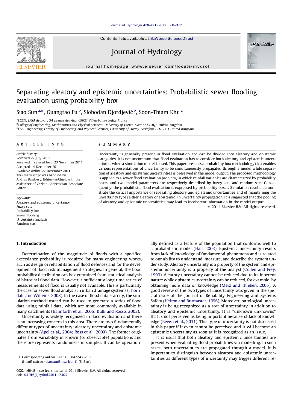 Separating aleatory and epistemic uncertainties: Probabilistic sewer flooding evaluation using probability box