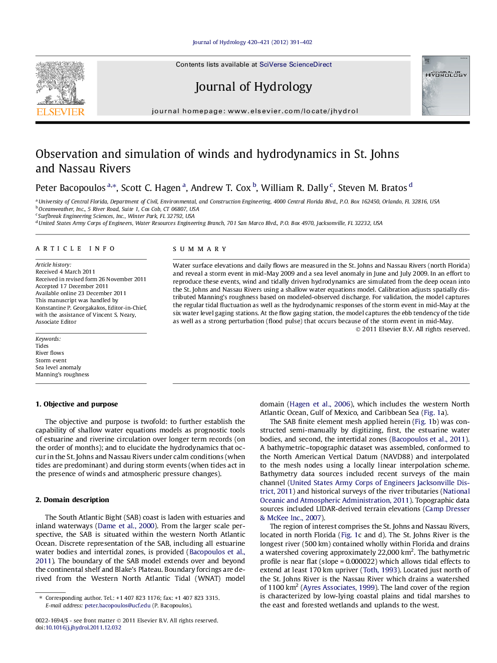 Observation and simulation of winds and hydrodynamics in St. Johns and Nassau Rivers