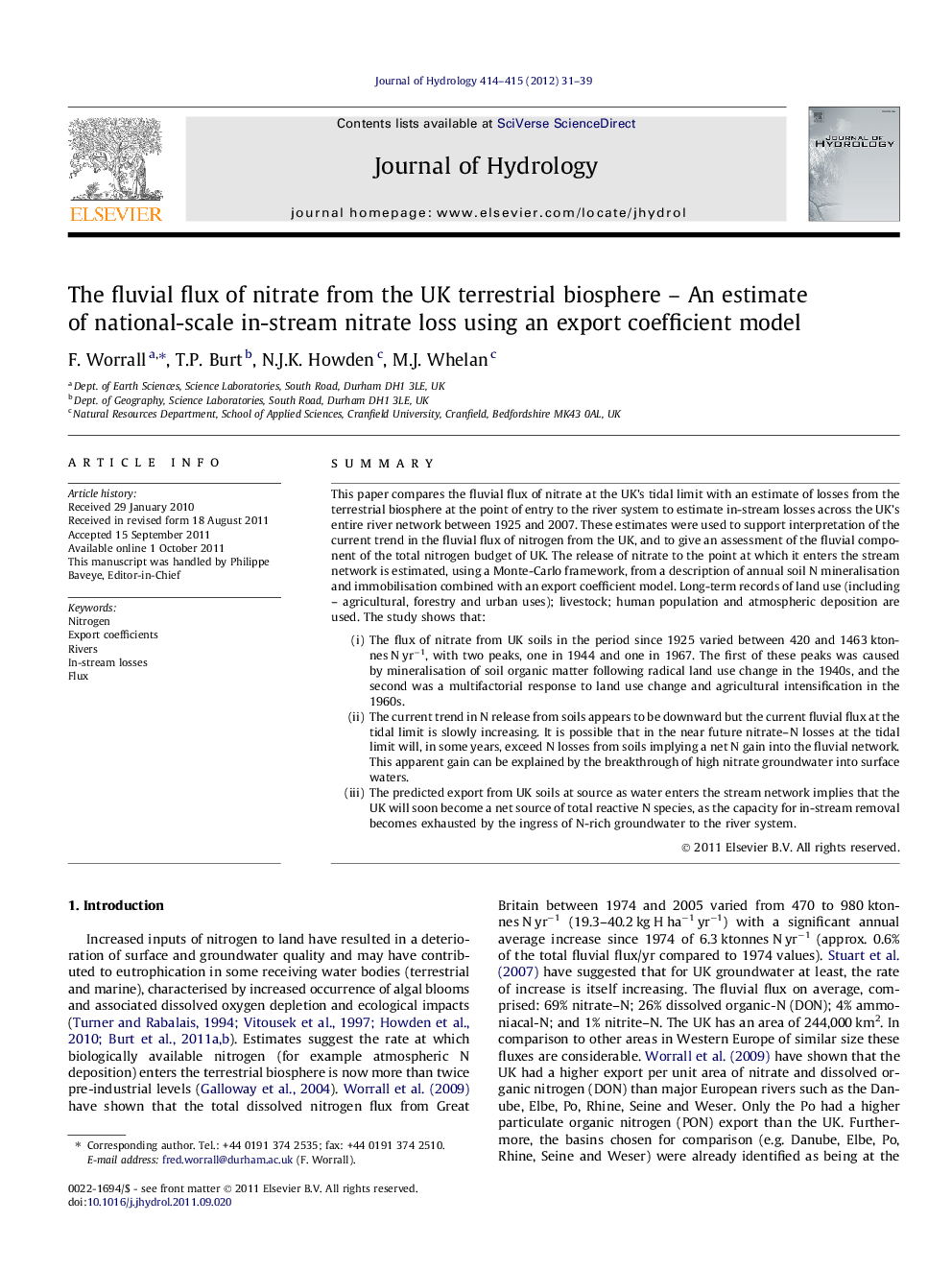 The fluvial flux of nitrate from the UK terrestrial biosphere – An estimate of national-scale in-stream nitrate loss using an export coefficient model