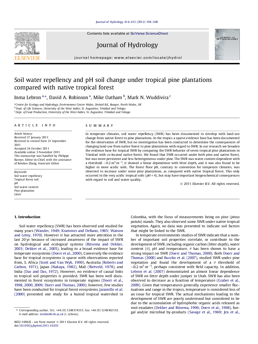 Soil water repellency and pH soil change under tropical pine plantations compared with native tropical forest