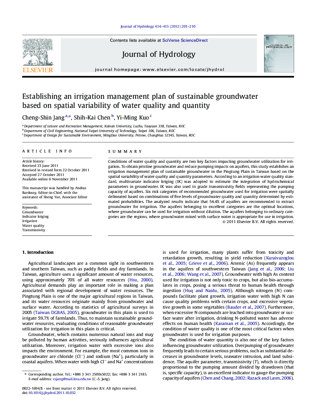 Establishing an irrigation management plan of sustainable groundwater based on spatial variability of water quality and quantity