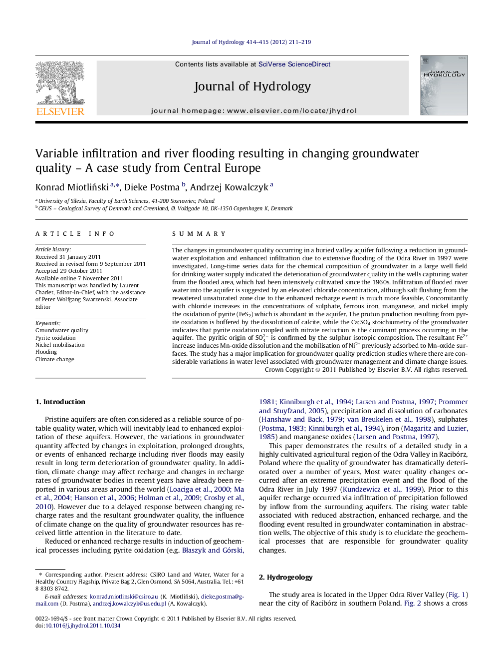 Variable infiltration and river flooding resulting in changing groundwater quality – A case study from Central Europe