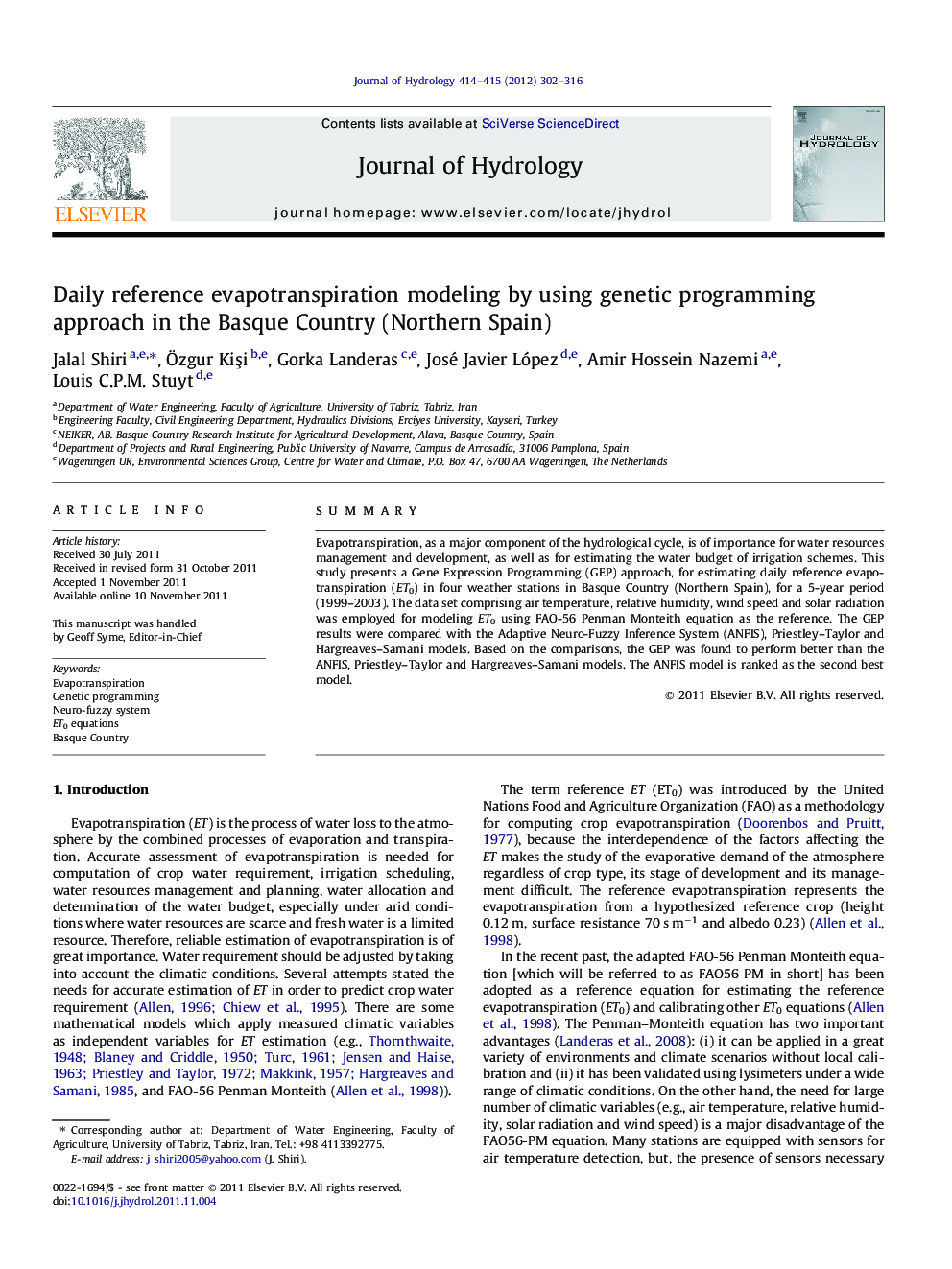 Daily reference evapotranspiration modeling by using genetic programming approach in the Basque Country (Northern Spain)