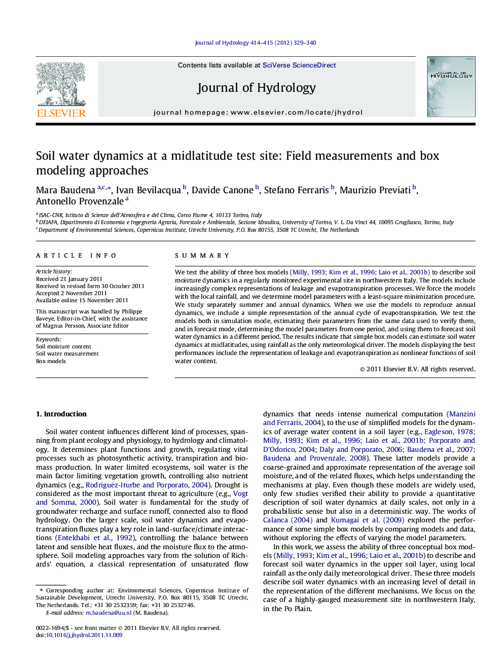 Soil water dynamics at a midlatitude test site: Field measurements and box modeling approaches