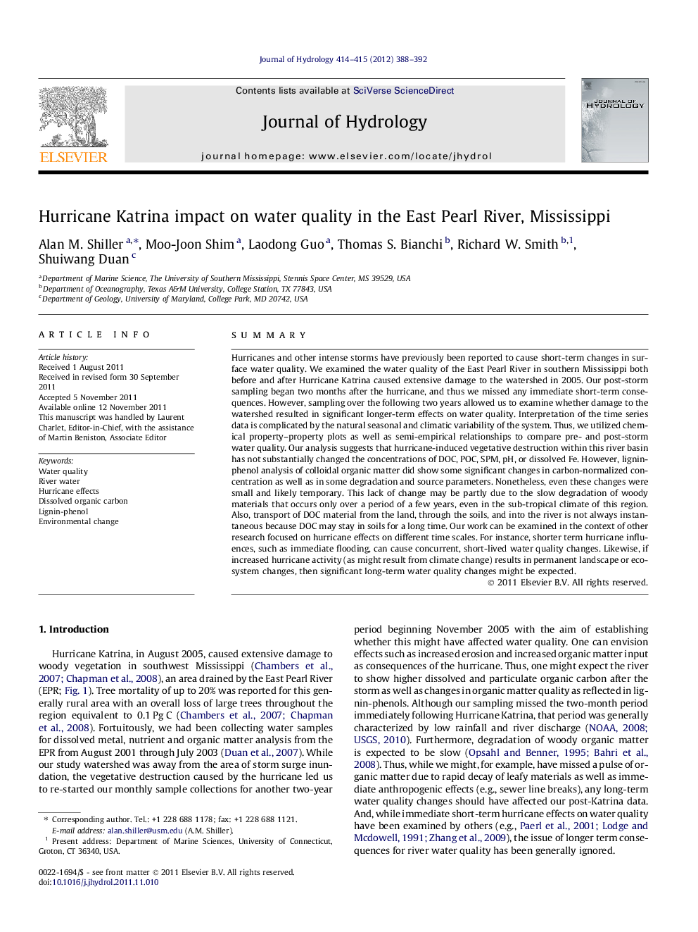 Hurricane Katrina impact on water quality in the East Pearl River, Mississippi