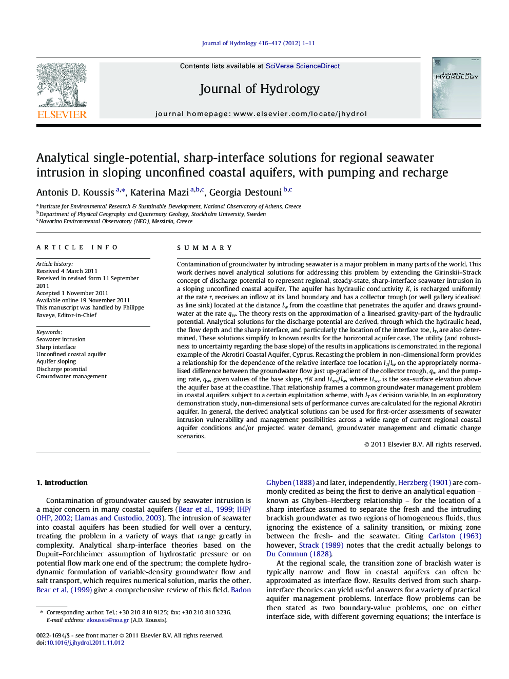 Analytical single-potential, sharp-interface solutions for regional seawater intrusion in sloping unconfined coastal aquifers, with pumping and recharge