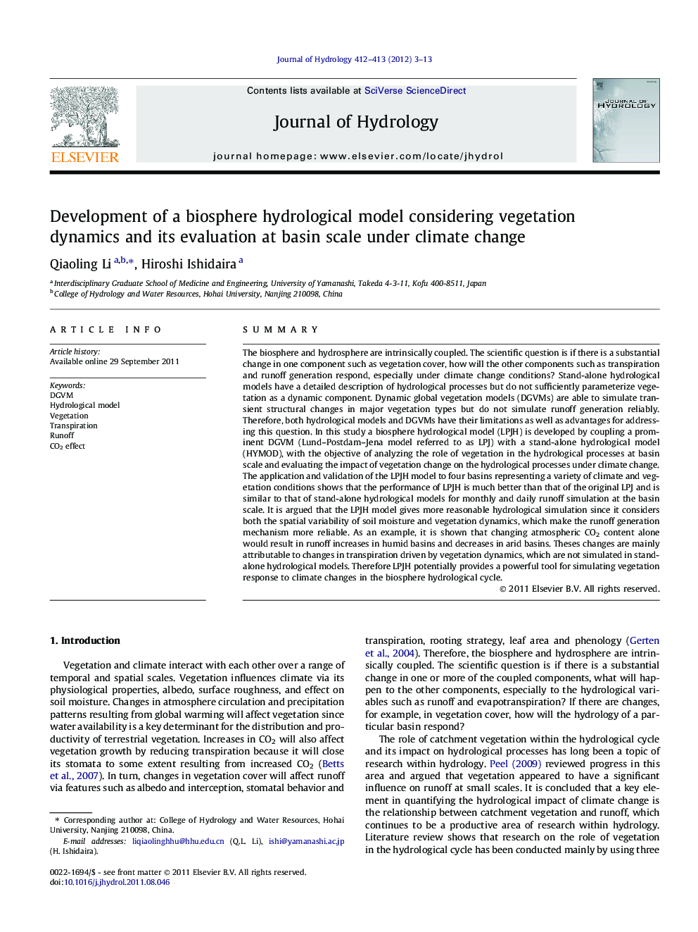 Development of a biosphere hydrological model considering vegetation dynamics and its evaluation at basin scale under climate change