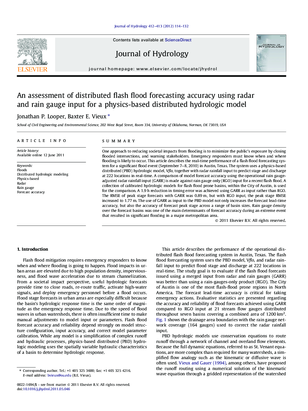 An assessment of distributed flash flood forecasting accuracy using radar and rain gauge input for a physics-based distributed hydrologic model