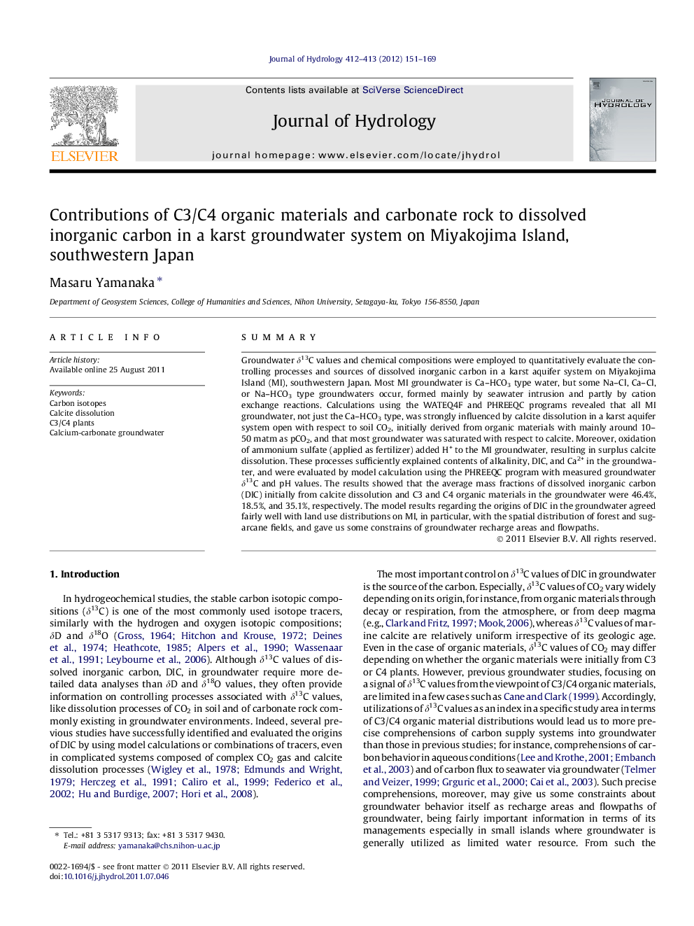 Contributions of C3/C4 organic materials and carbonate rock to dissolved inorganic carbon in a karst groundwater system on Miyakojima Island, southwestern Japan