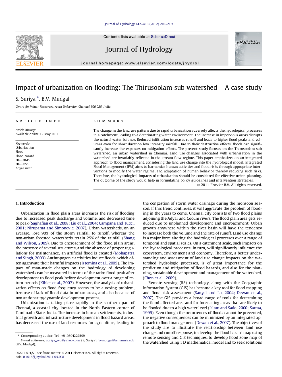 Impact of urbanization on flooding: The Thirusoolam sub watershed – A case study